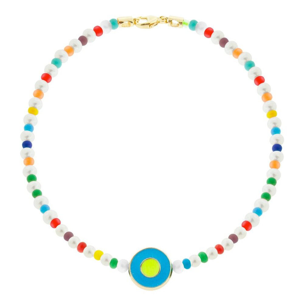 LUIS MORAIS Neon Blue Enameled Evil Eye Disk Beaded Bracelet with Clasp